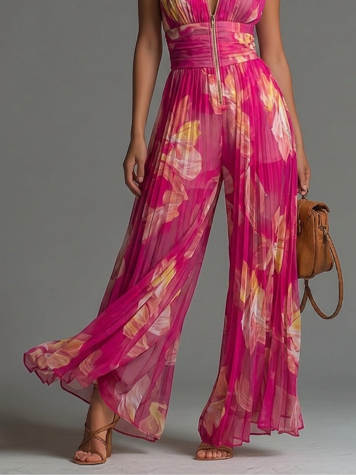 Mono de Chiffon Fucsia Sin Mangas con Estampado Floral, Plisado y Cremallera