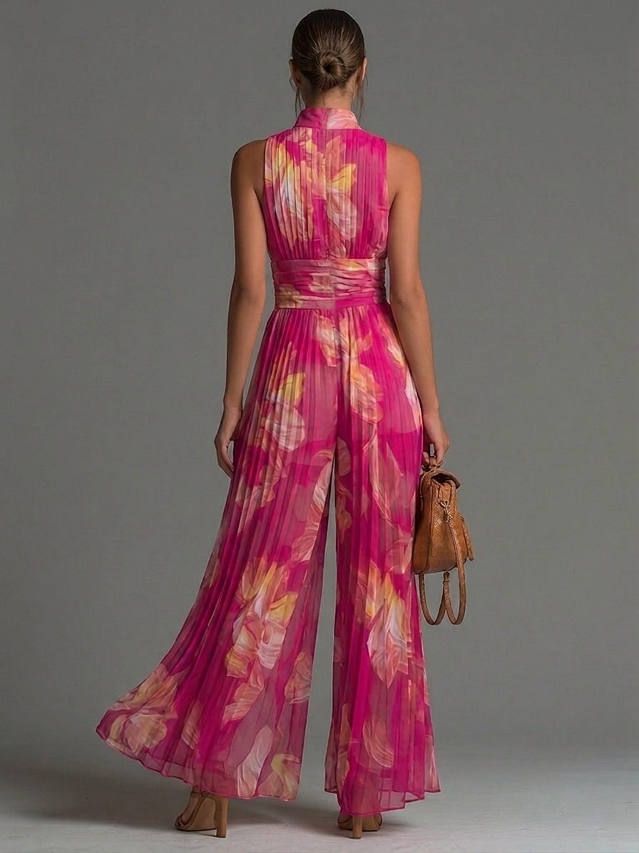Mono de Chiffon Fucsia Sin Mangas con Estampado Floral, Plisado y Cremallera