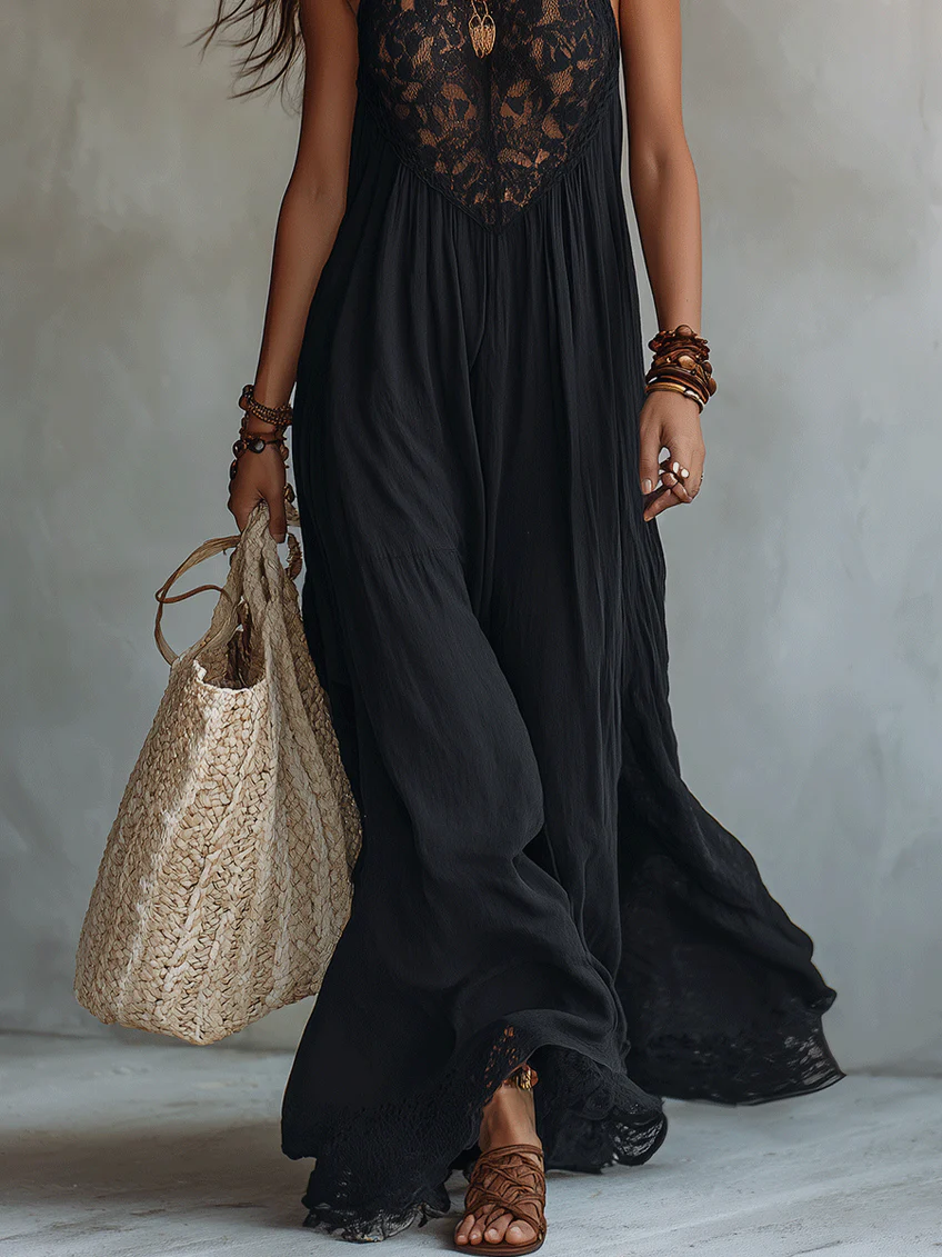 Maxi Vestido Boho Negro Sin Mangas con Encaje