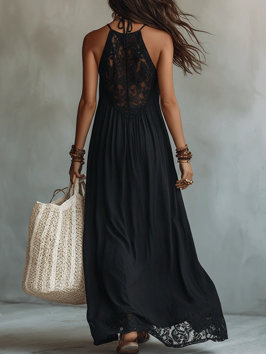 Maxi Vestido Boho Negro Sin Mangas con Encaje