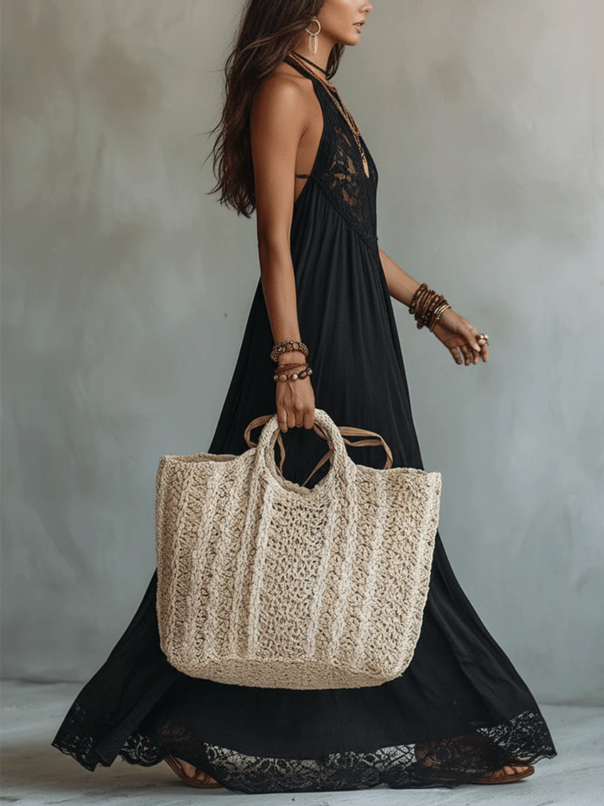 Maxi Vestido Boho Negro Sin Mangas con Encaje