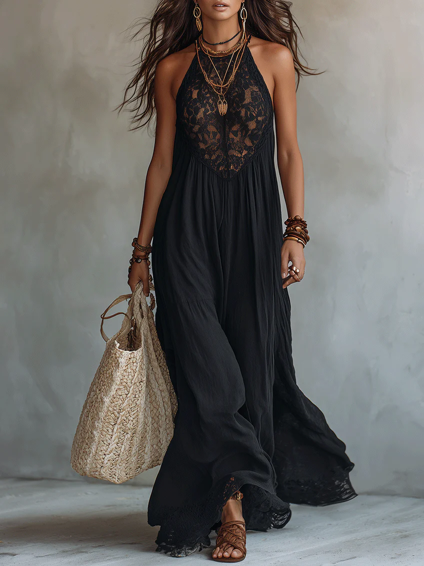 Maxi Vestido Boho Negro Sin Mangas con Encaje
