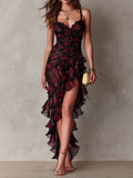 Vestido Chic Negro y Rojo Floral Fruncido con Dobladillo de Volantes