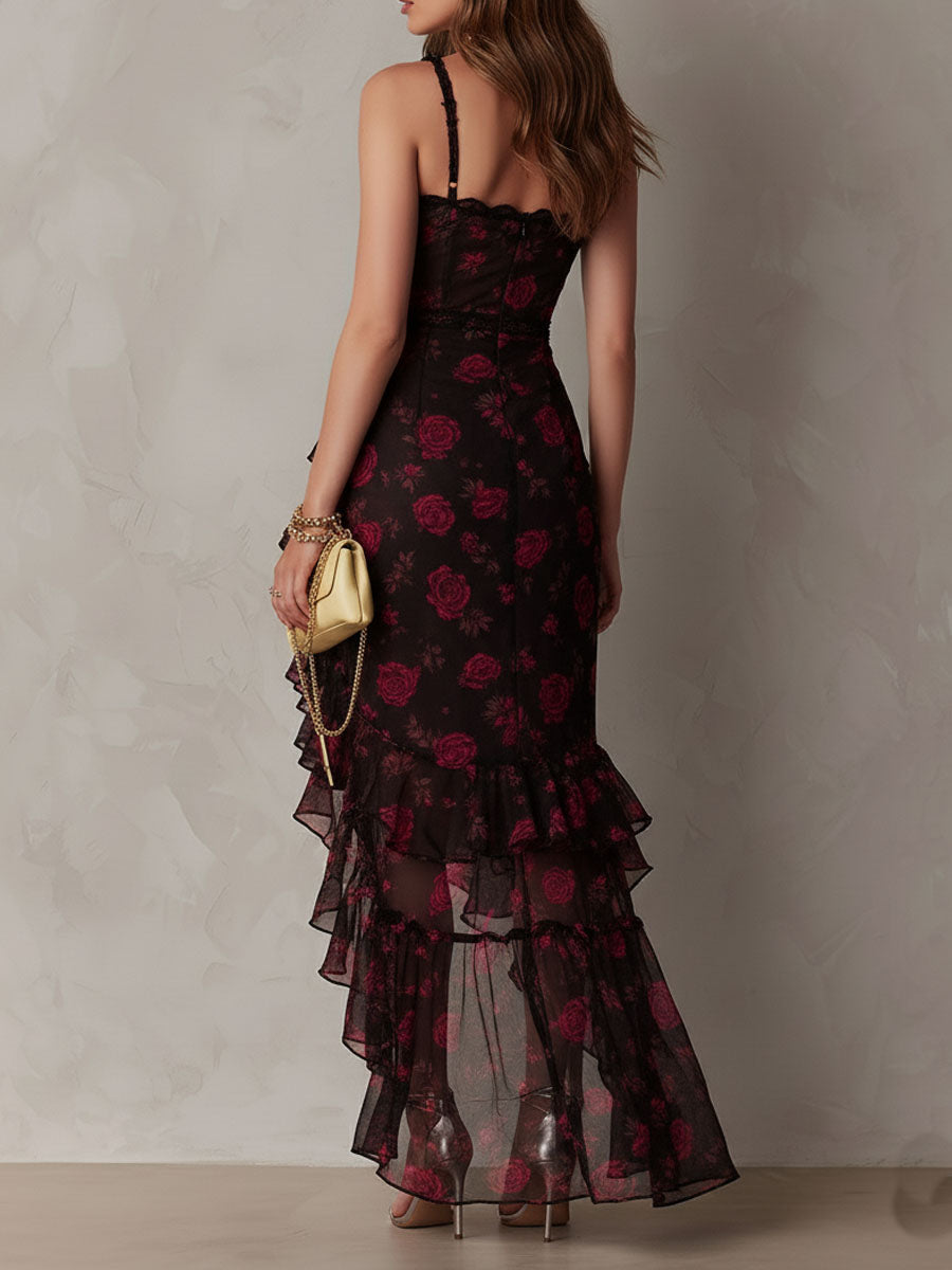 Vestido Chic Negro y Rojo Floral Fruncido con Dobladillo de Volantes