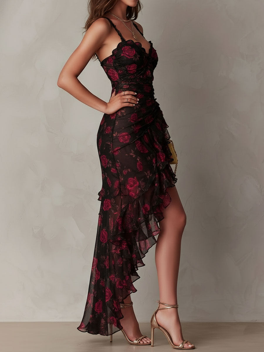 Vestido Chic Negro y Rojo Floral Fruncido con Dobladillo de Volantes