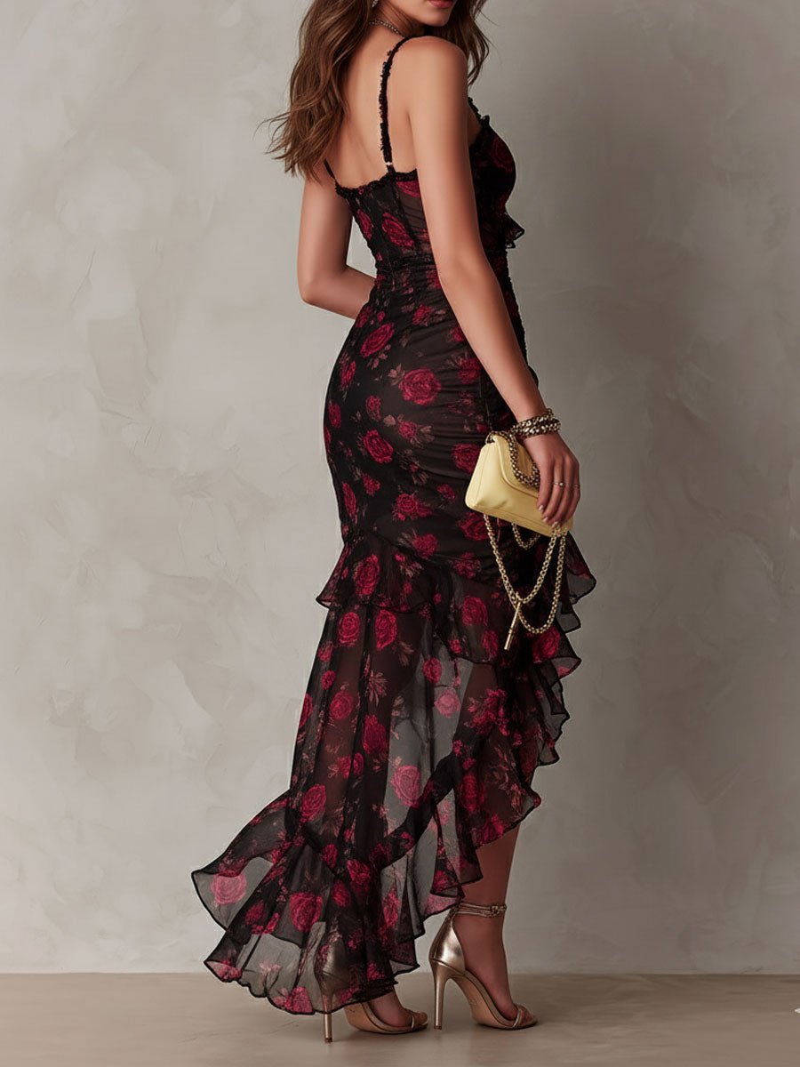 Vestido Chic Negro y Rojo Floral Fruncido con Dobladillo de Volantes
