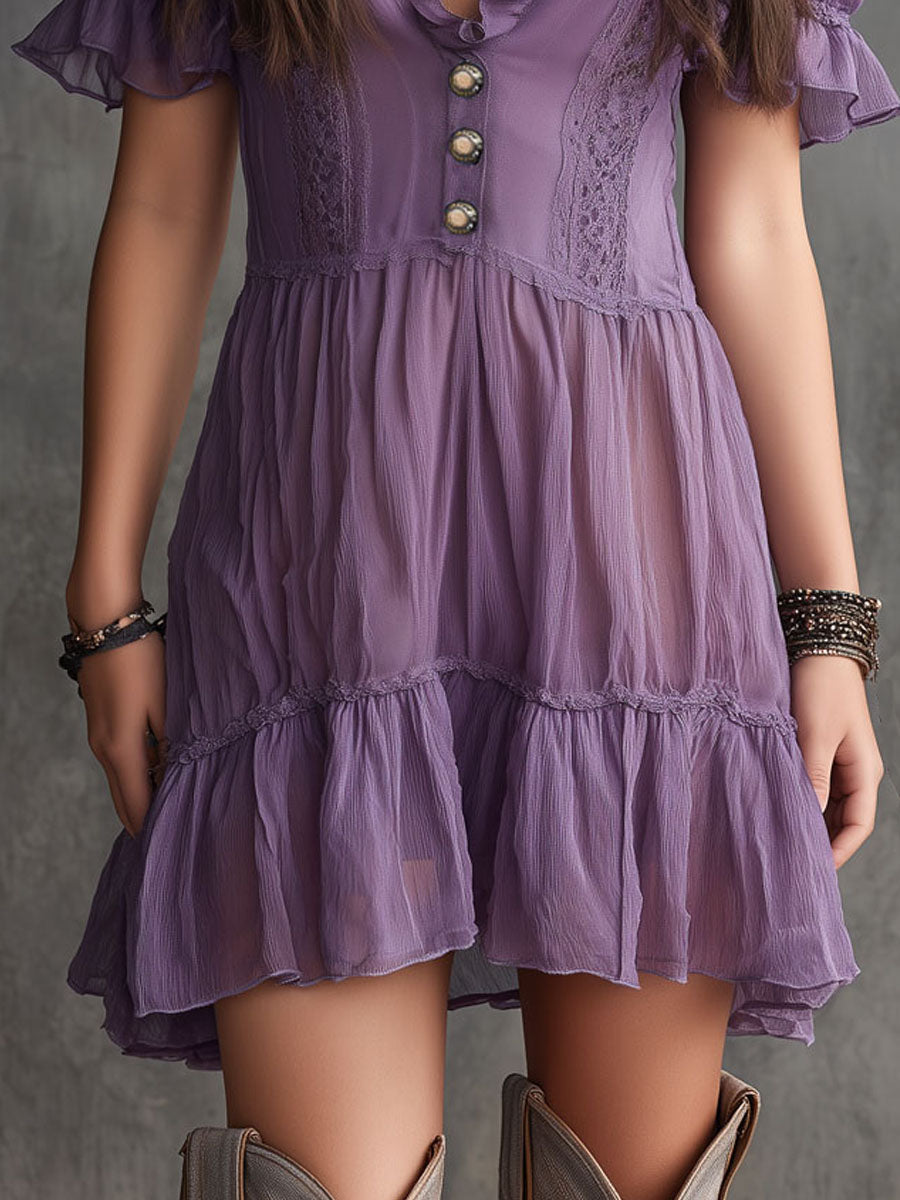 Mini Vestido de Chiffon Morado con Mangas Globo, Volantes y Botones