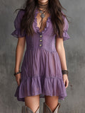 Mini Vestido de Chiffon Morado con Mangas Globo, Volantes y Botones