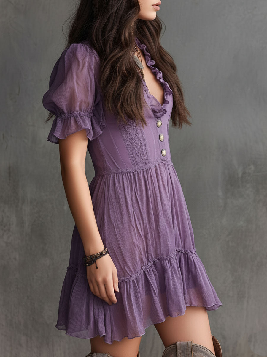 Mini Vestido de Chiffon Morado con Mangas Globo, Volantes y Botones