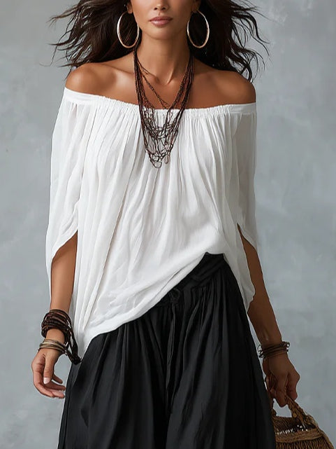 Conjunto de Top Blanco Hombros Descubiertos y Pantalón Linterna Holgado