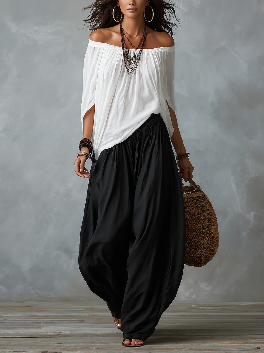 Conjunto de Top Blanco Hombros Descubiertos y Pantalón Linterna Holgado