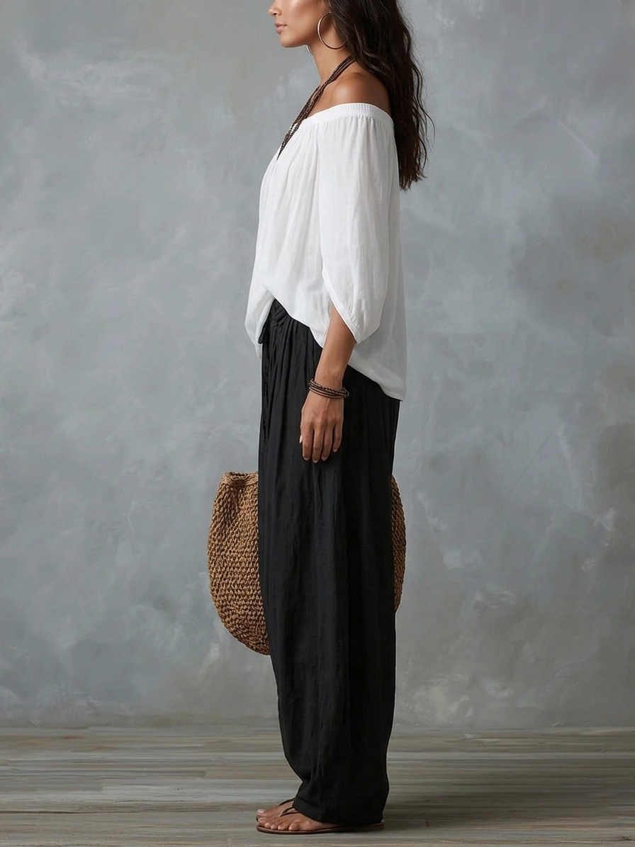 Conjunto de Top Blanco Hombros Descubiertos y Pantalón Linterna Holgado