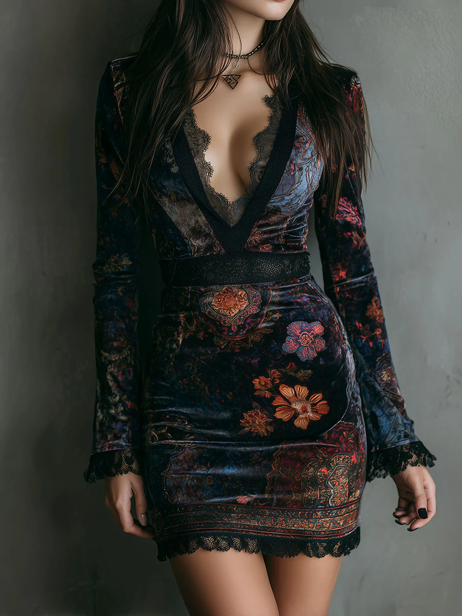 Mini Vestido Entallado de Terciopelo Floral con Cuello en V y Encaje