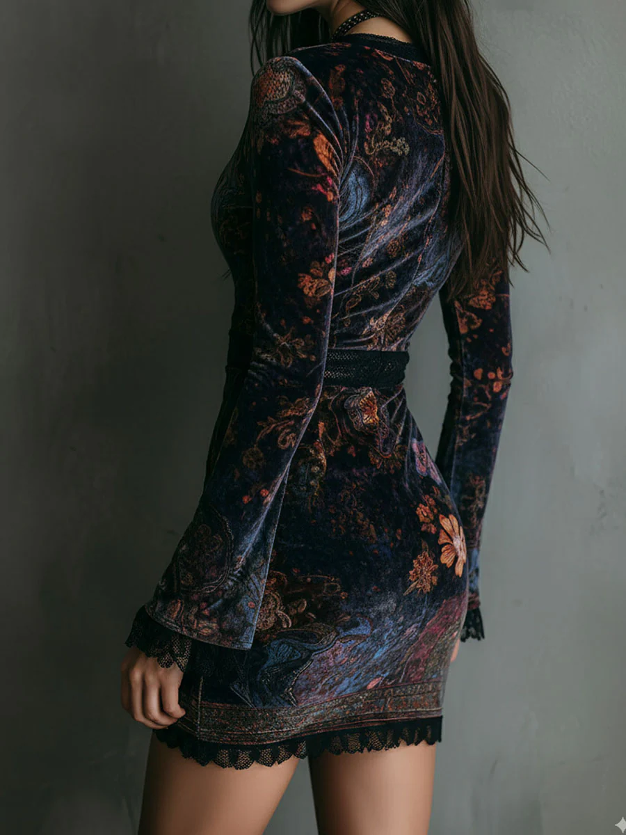 Mini Vestido Entallado de Terciopelo Floral con Cuello en V y Encaje