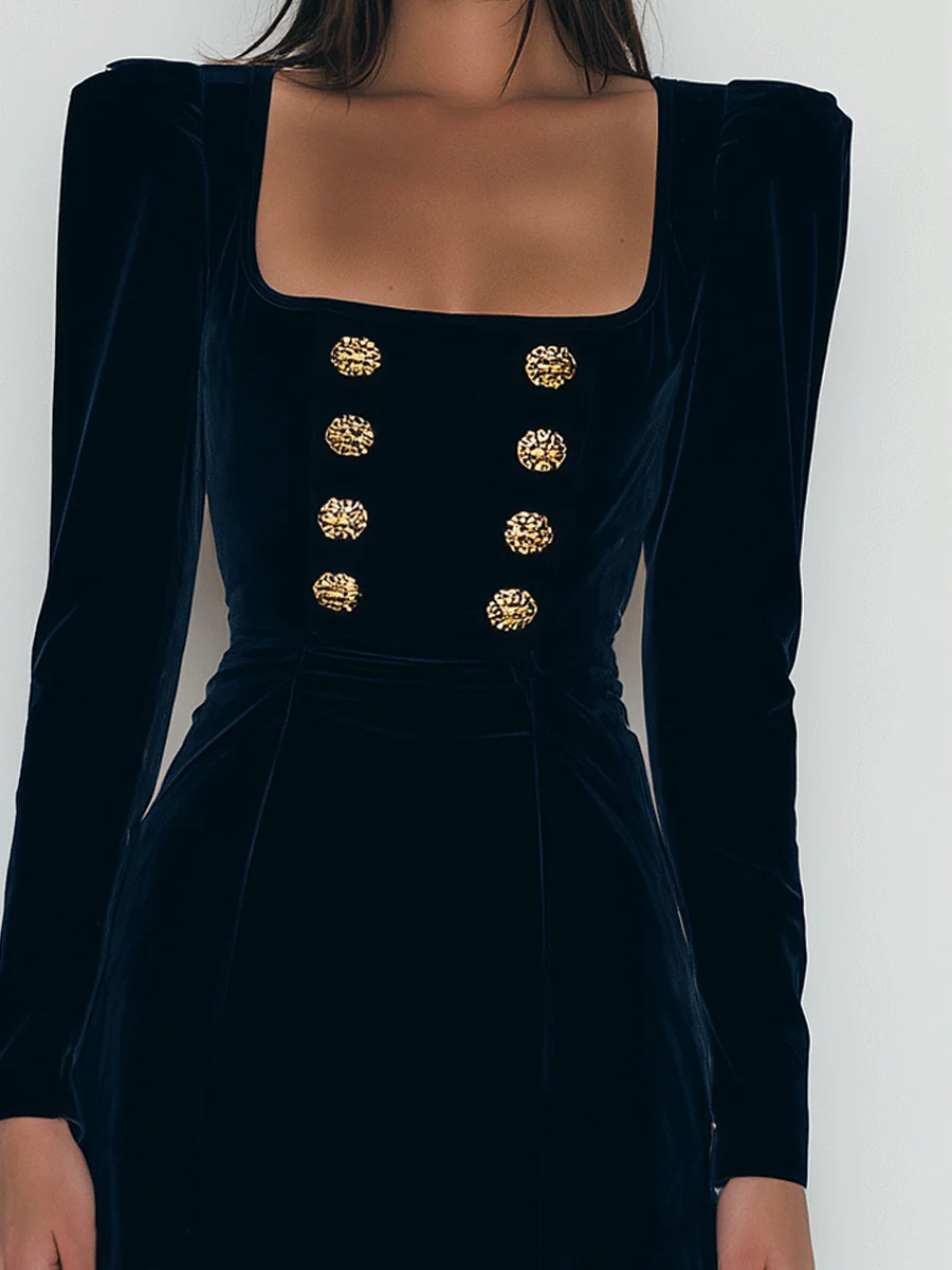 Mini Vestido Elegante de Terciopelo Azul Marino con Botones Dorados