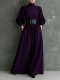 Vestido Maxi Elegante Morado Oscuro Entallado con Cuello Alto, Manga Larga y Cinturón