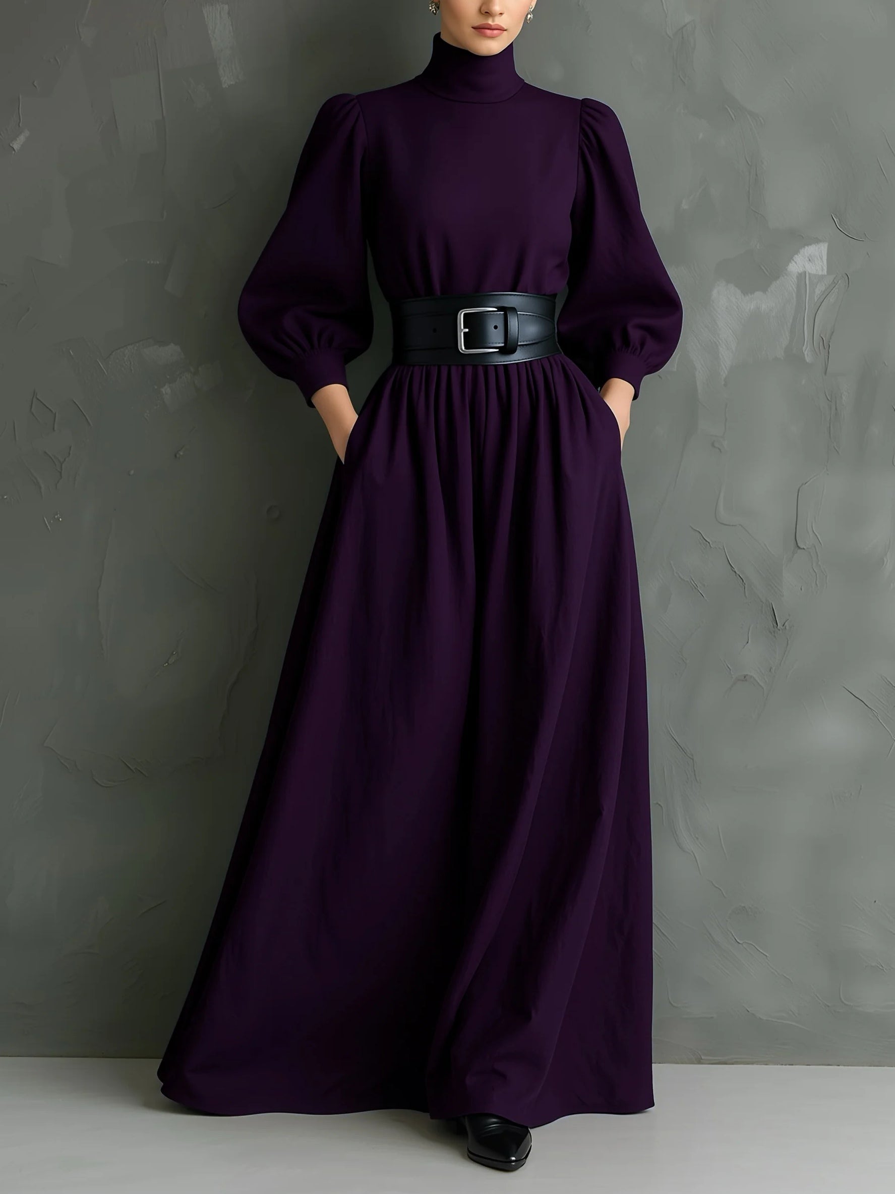 Vestido Maxi Elegante Morado Oscuro Entallado con Cuello Alto, Manga Larga y Cinturón