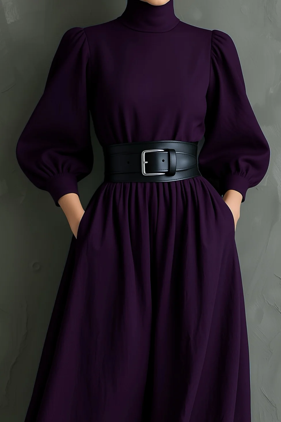 Vestido Maxi Elegante Morado Oscuro Entallado con Cuello Alto, Manga Larga y Cinturón