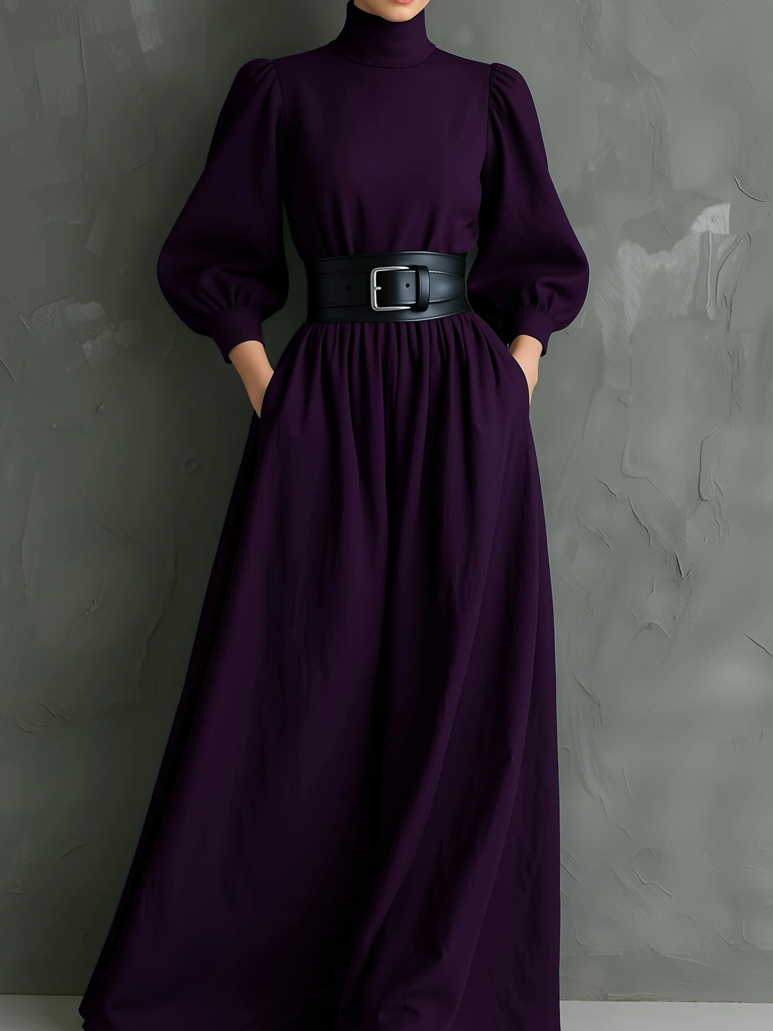Vestido Maxi Elegante Morado Oscuro Entallado con Cuello Alto, Manga Larga y Cinturón