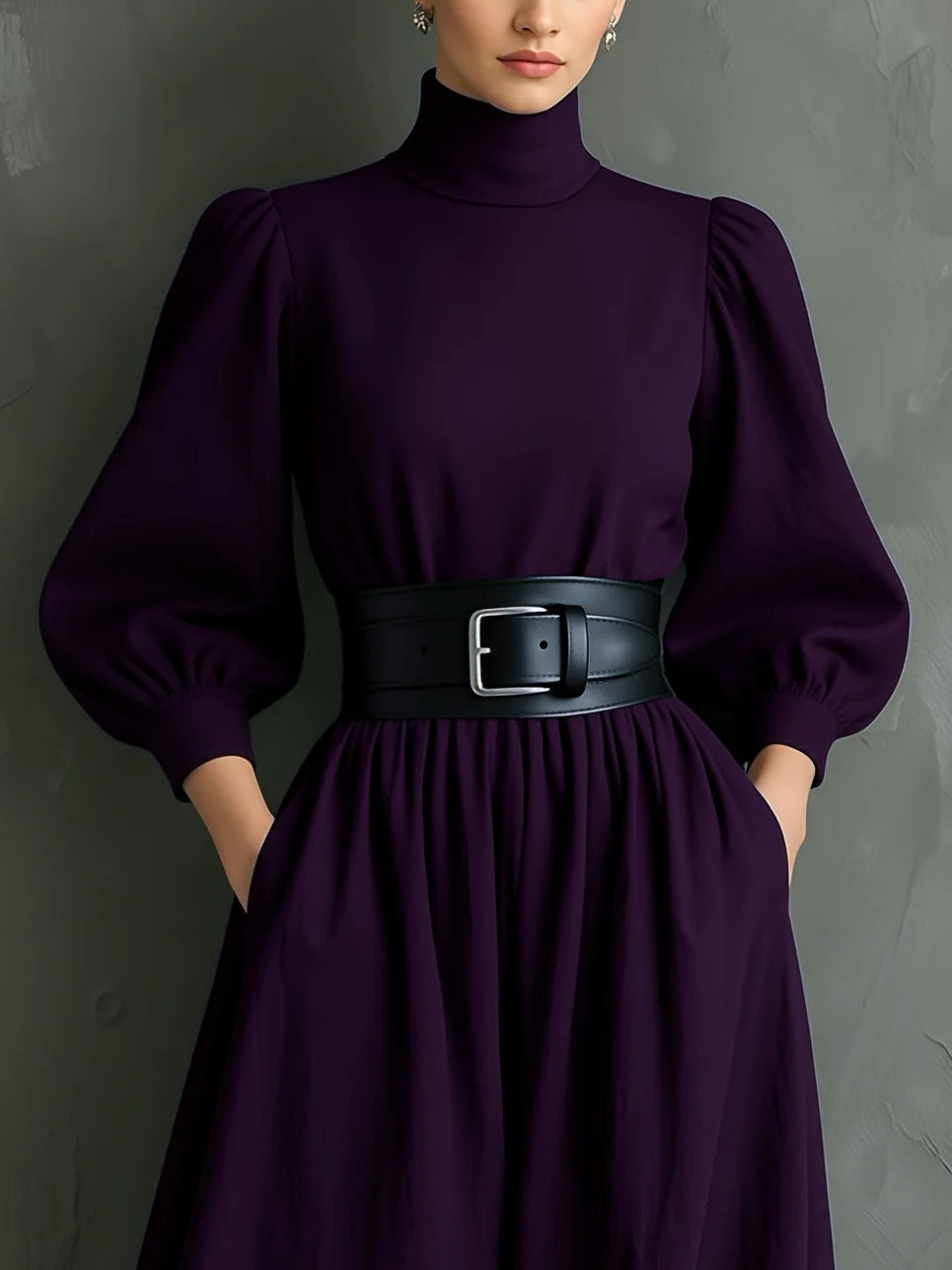 Vestido Maxi Elegante Morado Oscuro Entallado con Cuello Alto, Manga Larga y Cinturón