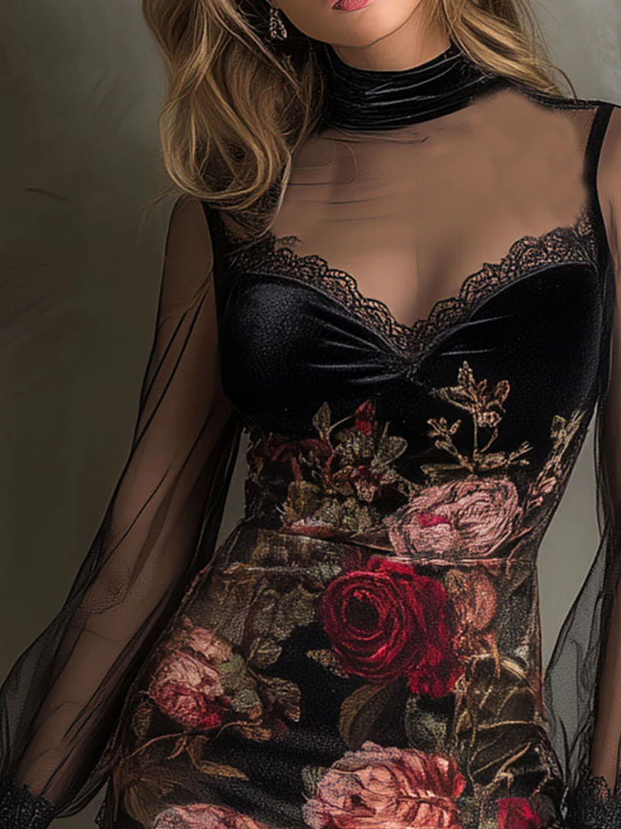 Mini Vestido de Terciopelo con Estampado de Rosas, Tul y Orilla de Encaje