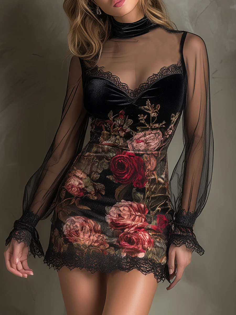 Mini Vestido de Terciopelo con Estampado de Rosas, Tul y Orilla de Encaje