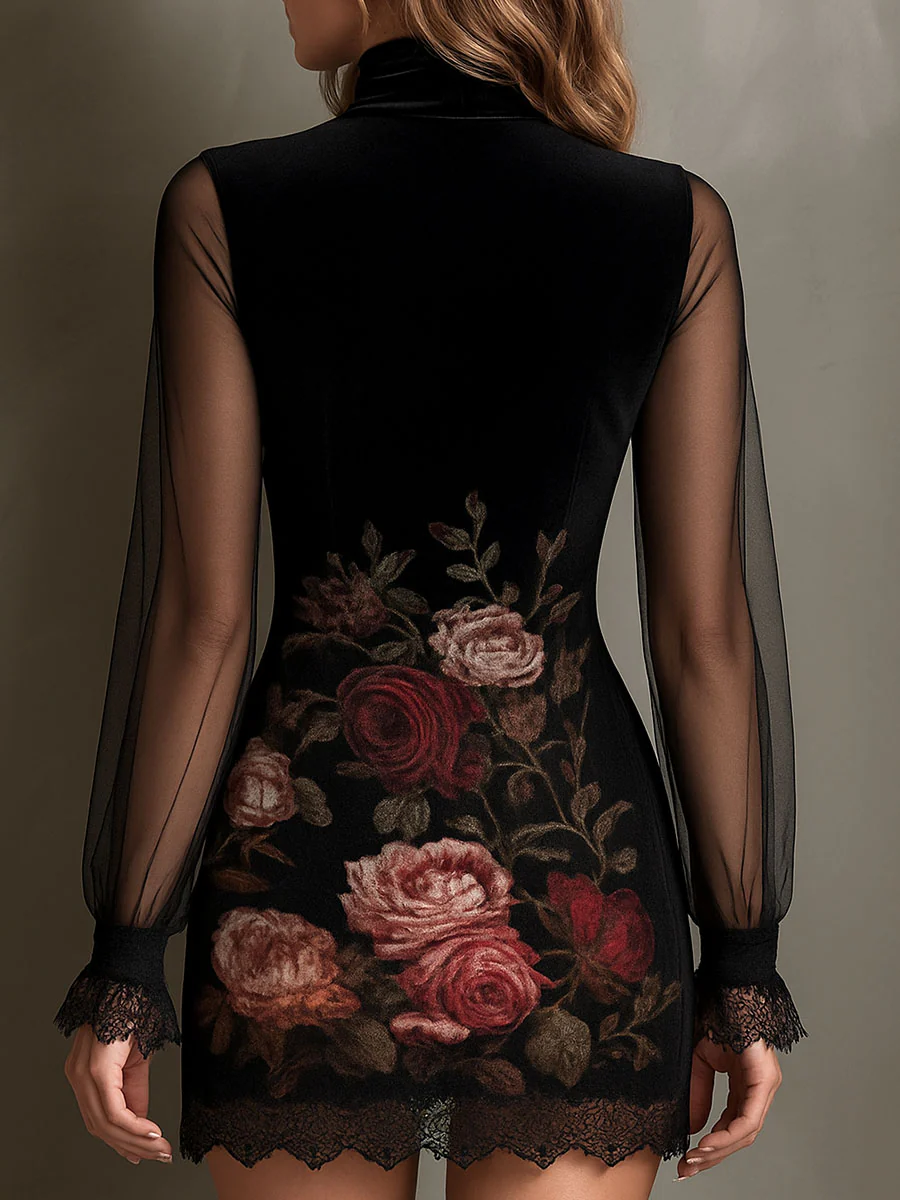 Mini Vestido de Terciopelo con Estampado de Rosas, Tul y Orilla de Encaje