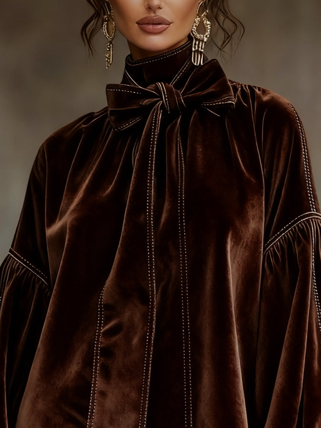 Mini Vestido de Terciopelo Café Oscuro con Lazo y Mangas Farol