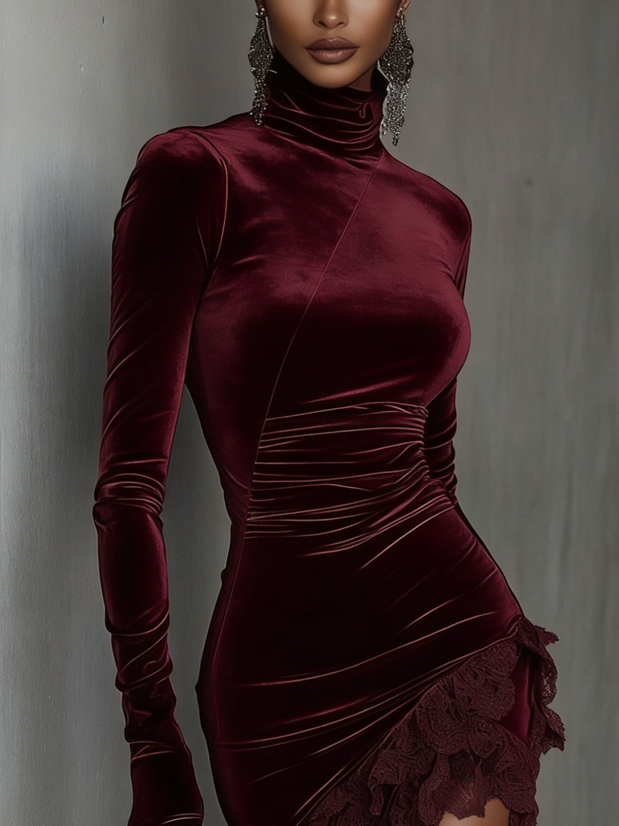 Mini Vestido Entallado de Terciopelo Burdeos con Cuello Alto y Encaje