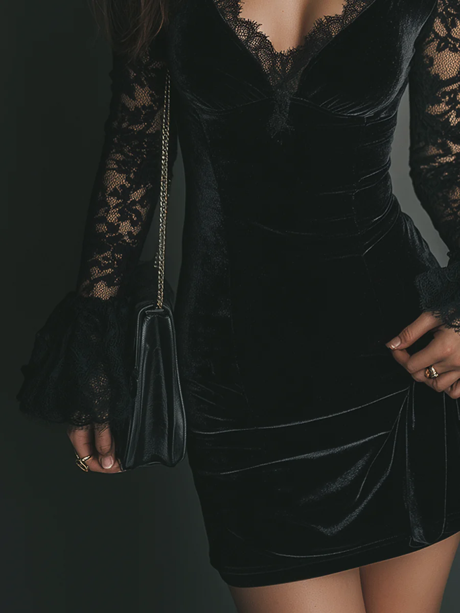 Mini Vestido de Terciopelo Negro con Encaje y Mangas Acampanadas