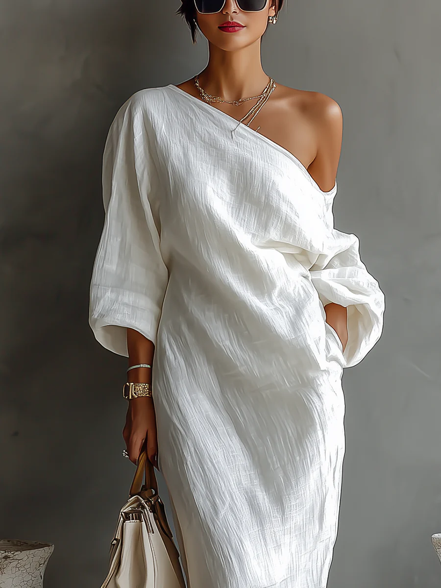 Vestido Maxi Elegante Blanco de un Hombro y Corte Fluido (Sin Bolsillos)