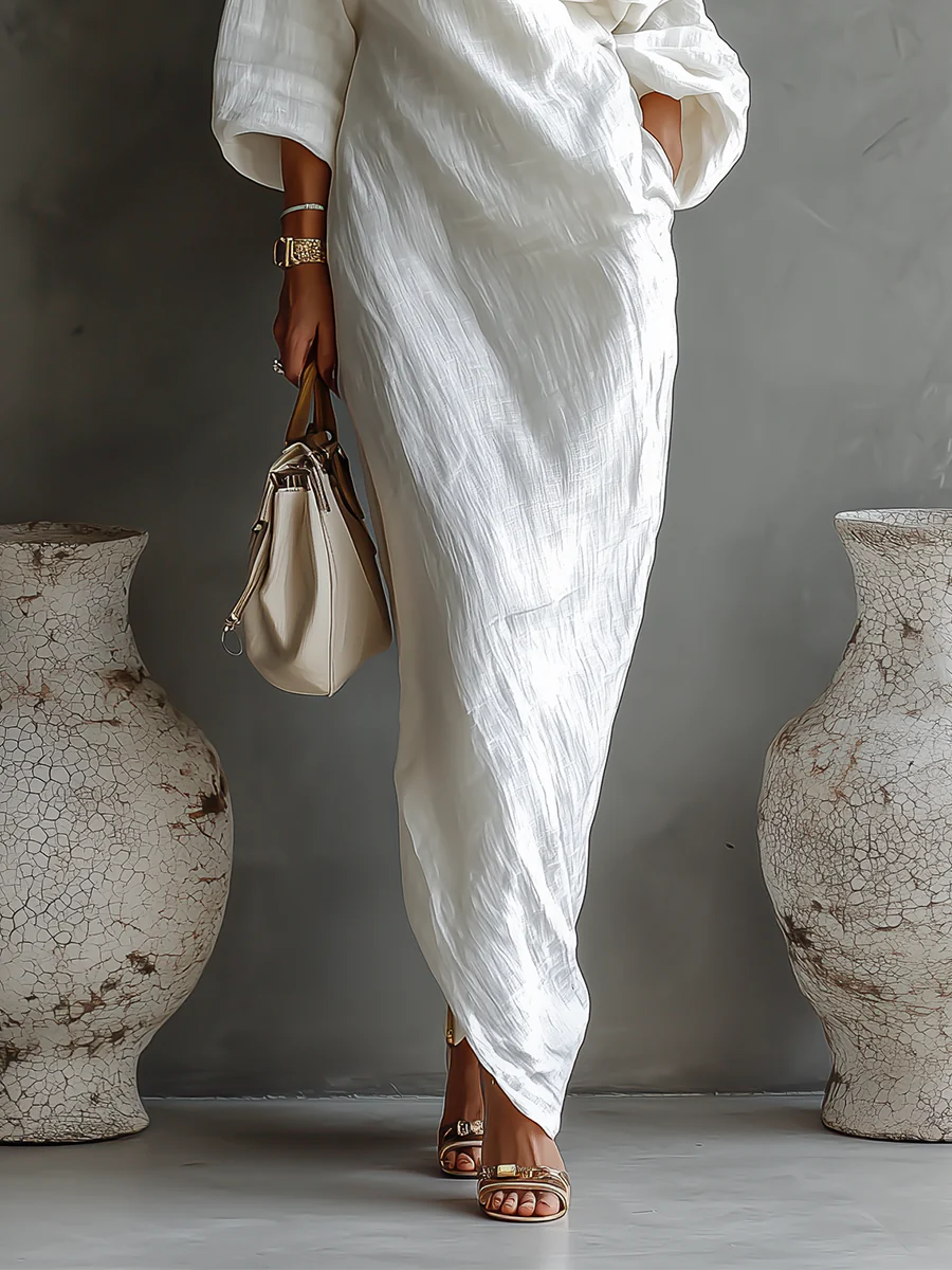 Vestido Maxi Elegante Blanco de un Hombro y Corte Fluido (Sin Bolsillos)