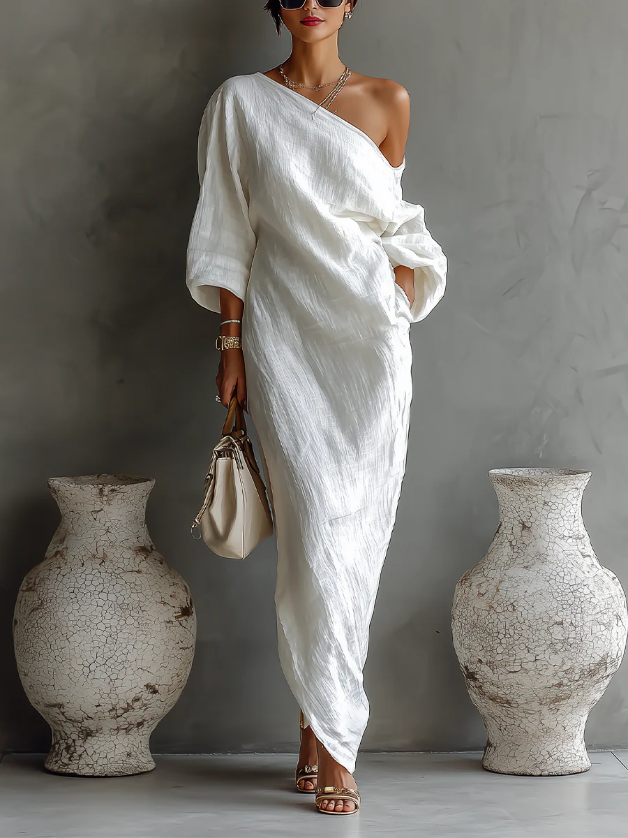 Vestido Maxi Elegante Blanco de un Hombro y Corte Fluido (Sin Bolsillos)