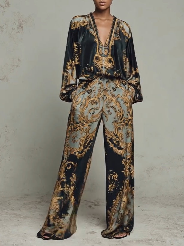 Conjunto Casual Barroco con Estampado Floral y Pantalón de Pierna Ancha