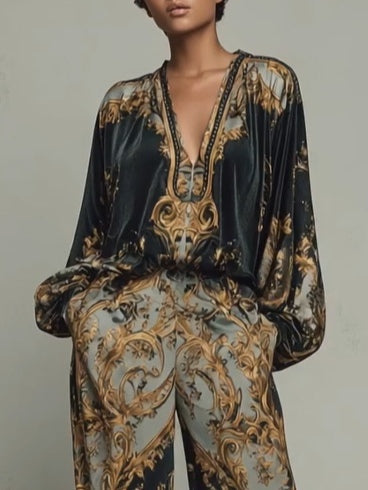 Conjunto Casual Barroco con Estampado Floral y Pantalón de Pierna Ancha