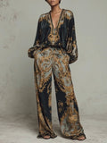 Conjunto Casual Barroco con Estampado Floral y Pantalón de Pierna Ancha