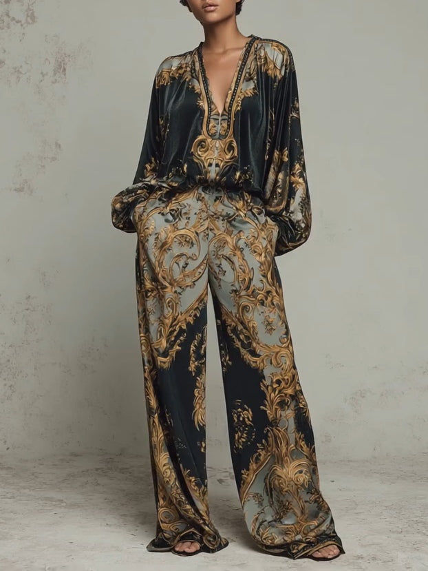 Conjunto Casual Barroco con Estampado Floral y Pantalón de Pierna Ancha