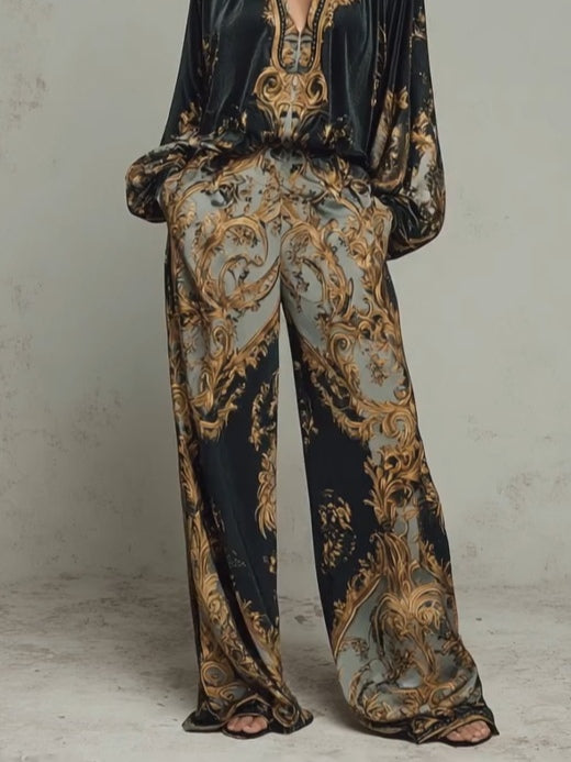 Conjunto Casual Barroco con Estampado Floral y Pantalón de Pierna Ancha