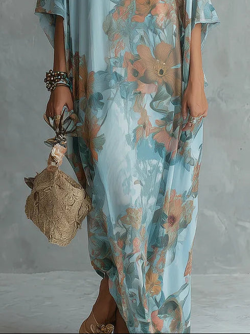 Vestido Largo Bohemio Holgado Azul Cielo con Estampado Floral
