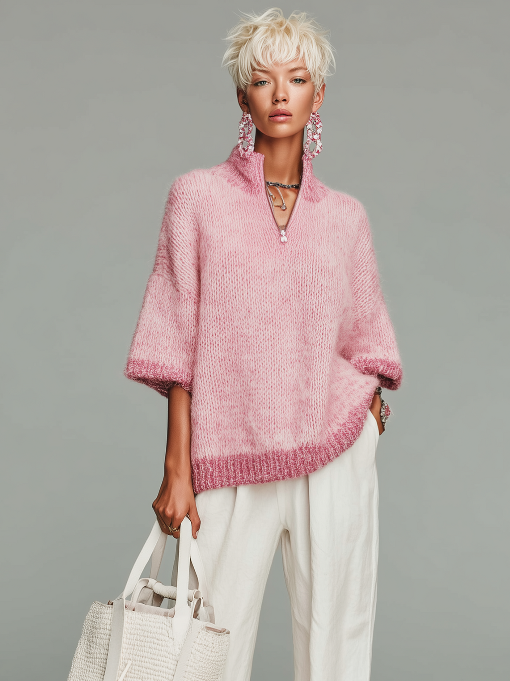 Top Suéter Casual Rosa con Cuello Alto, Cremallera y Manga Corta
