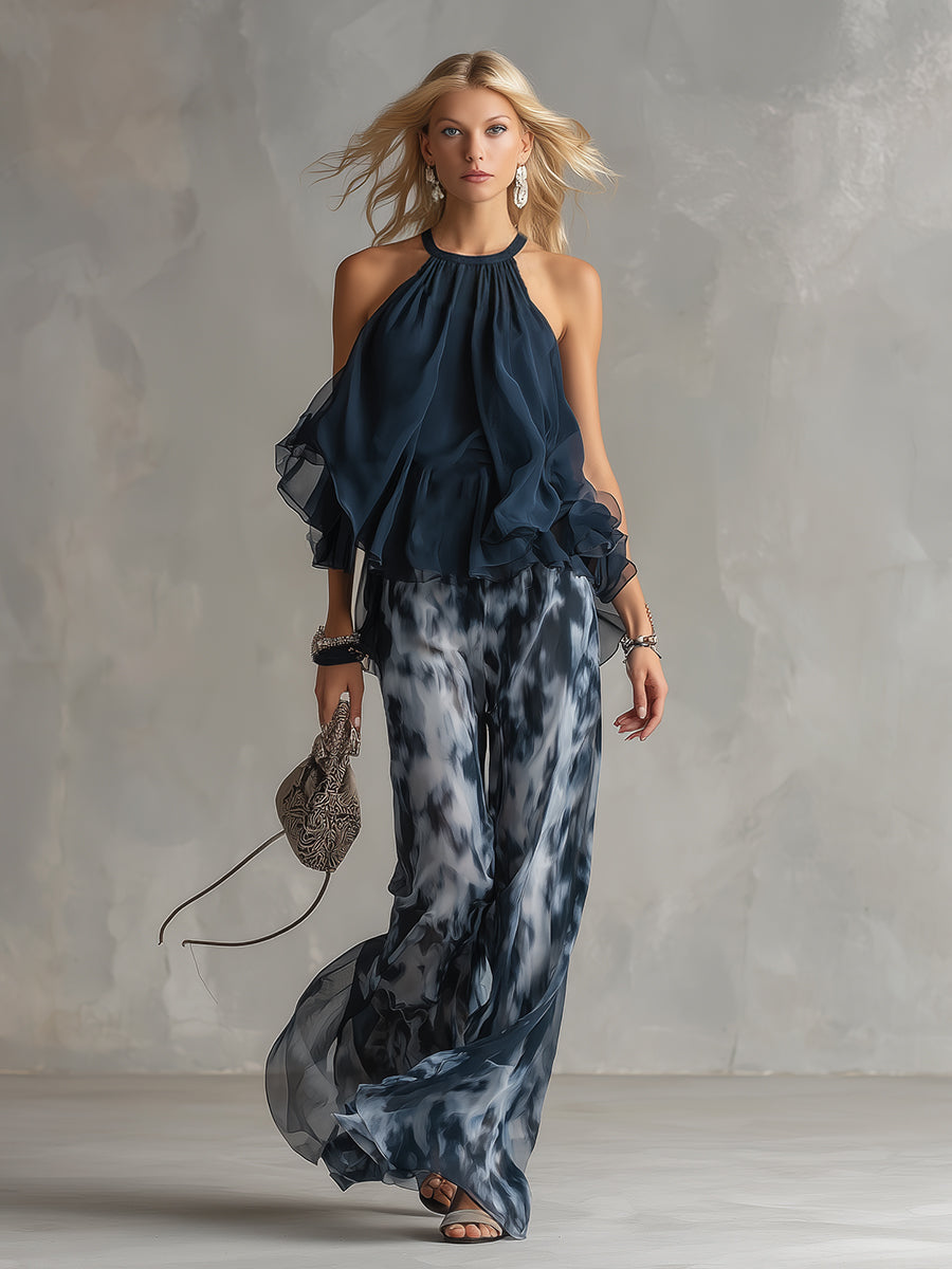 Ludovica | Conjunto de top halter azul marino elegante y pantalón ancho estampado