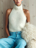 Chaleco Top Chic Vintage Blanco con Cuello Alto Halter y Punto Esponjoso