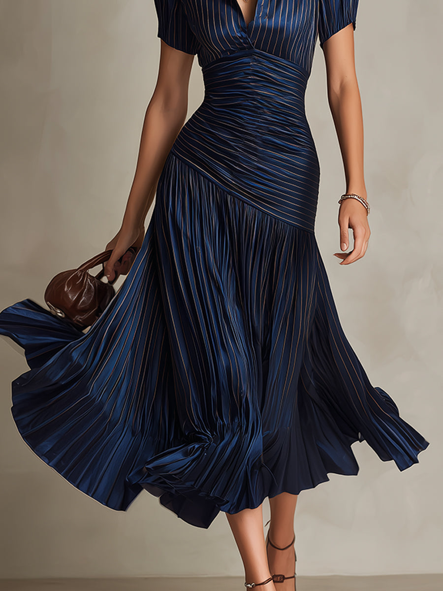 Adriana - Vestido Midi de Satén a Rayas Retro