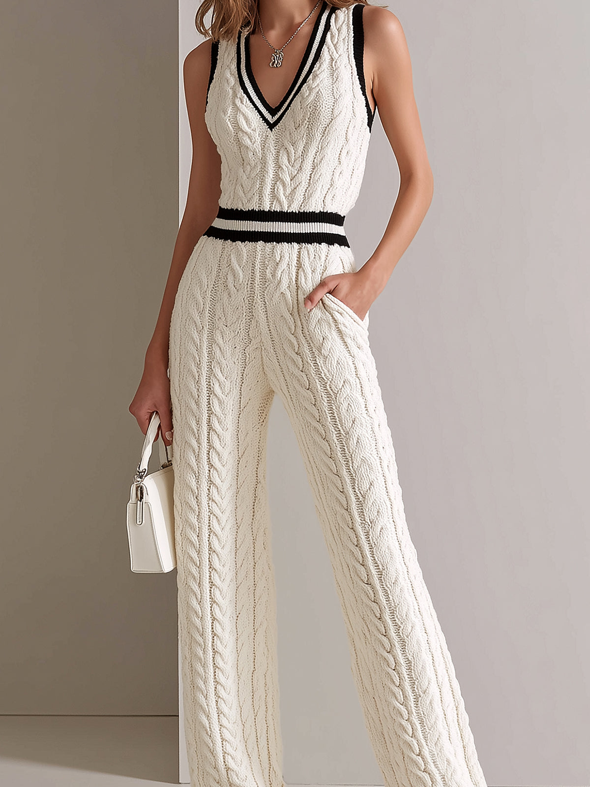Mono Chic Elegante Blanco Crema con Cuello en V, Ribete en Contraste y Punto Cable