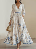 Vestido Maxi de Chiffon Blanco Plisado Floral con Cuello en V y Mangas Globo