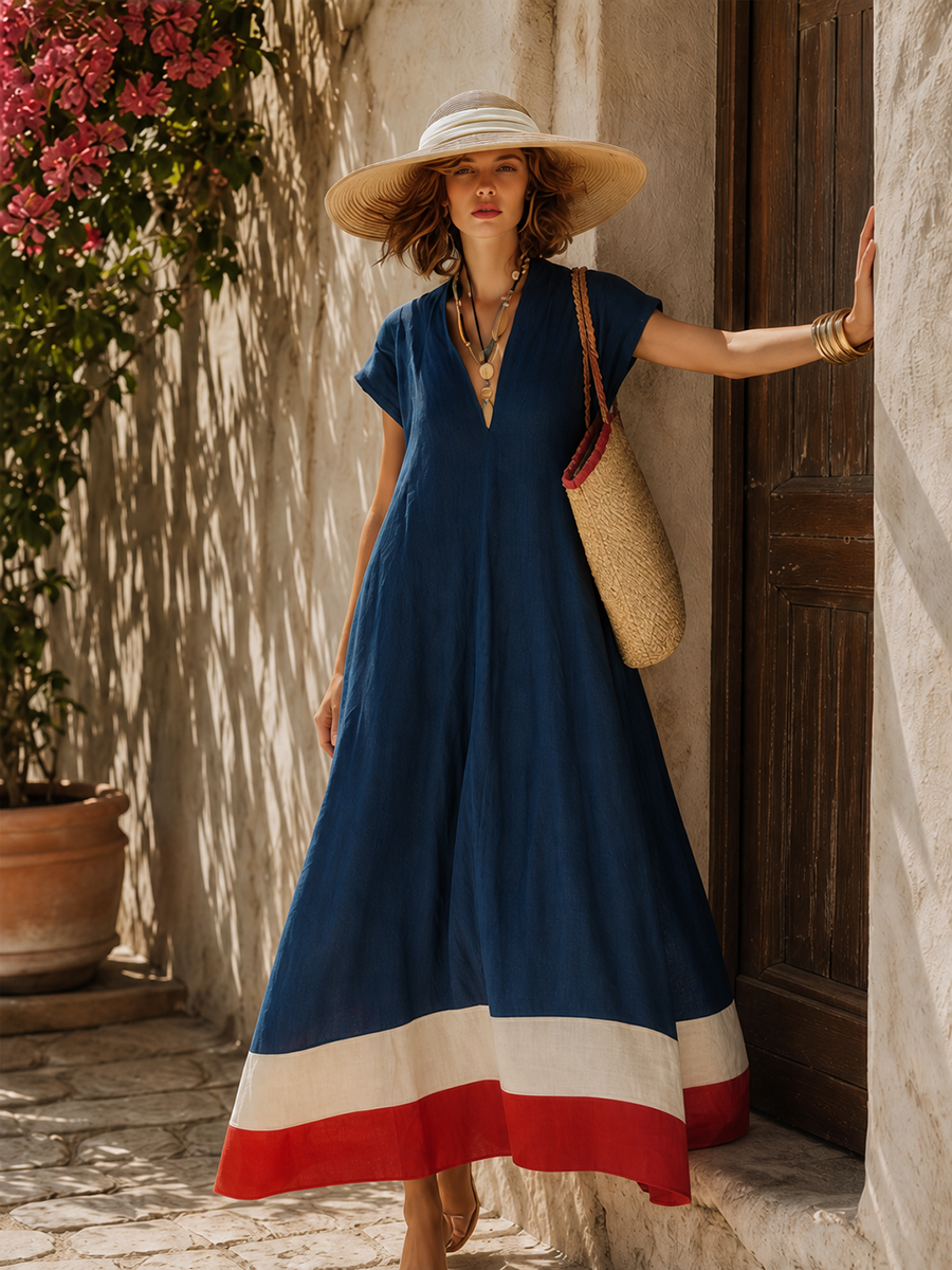 Vestido Maxi Minimalista Azul Marino de Algodón-Lino con Dobladillo Rojo y Blanco Estilo Vacacional