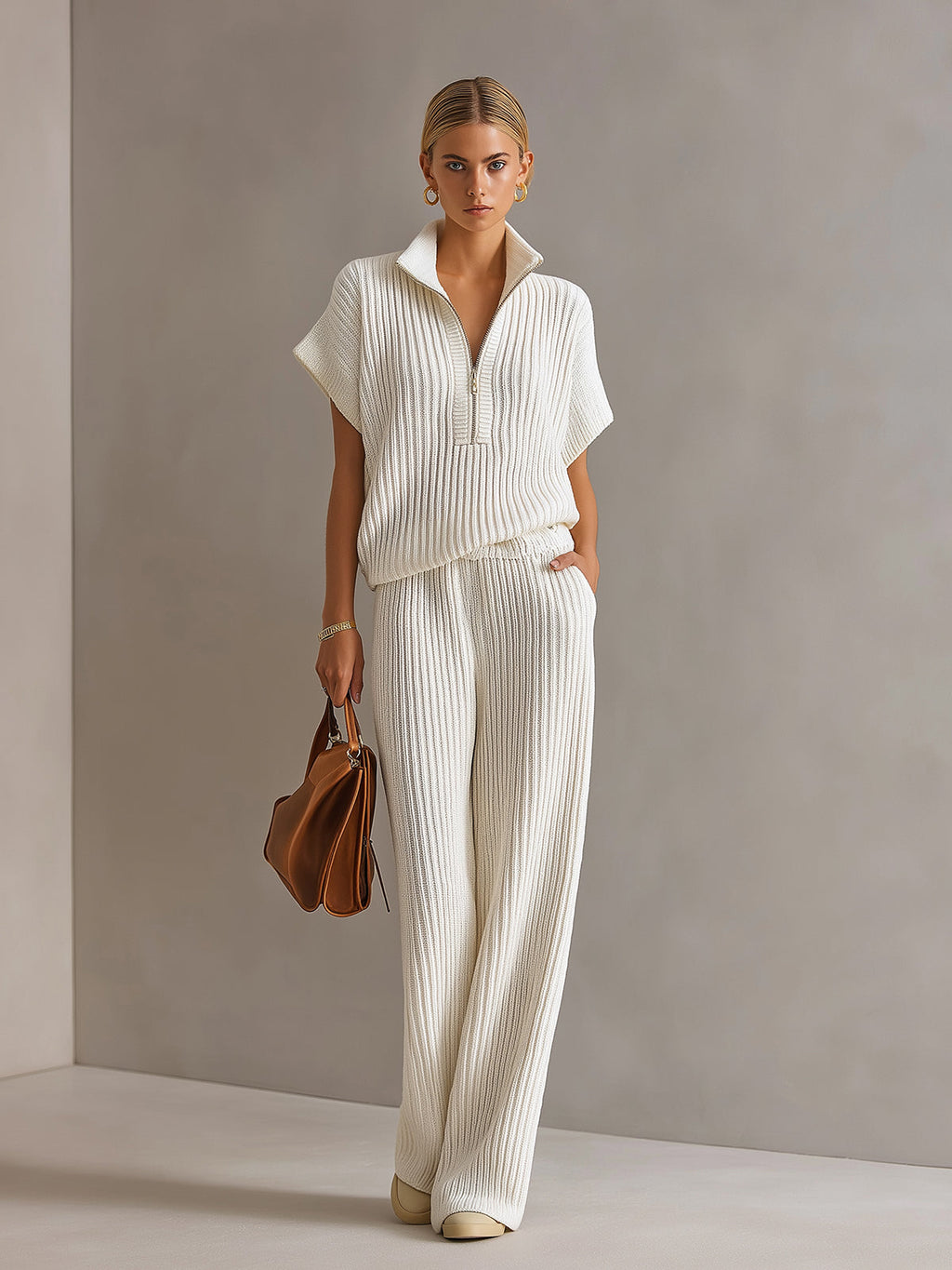 Set de Dos Piezas Chic Elegante Blanco Crema: Suéter Oversize con Cremallera y Pantalón de Pierna Ancha
