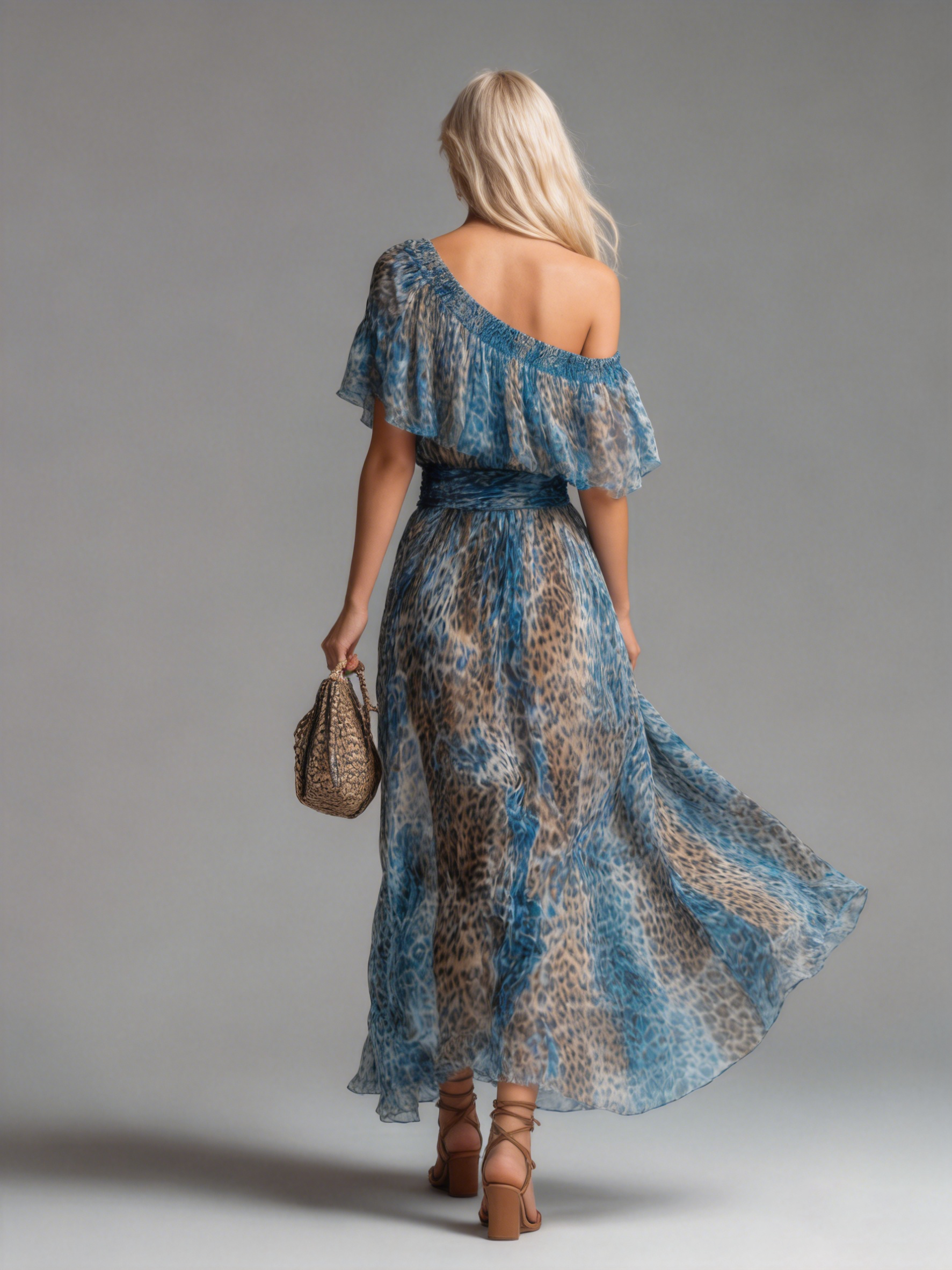 Salvaje - Vestido largo de gasa con estampado de leopardo y hombros descubiertos