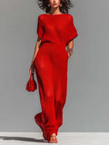 Vestido Maxi Chic Elegante Rojo con Cuello Barco en Punto Transpirable (Incluye Lencero Interior)