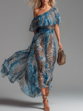 Salvaje - Vestido largo de gasa con estampado de leopardo y hombros descubiertos